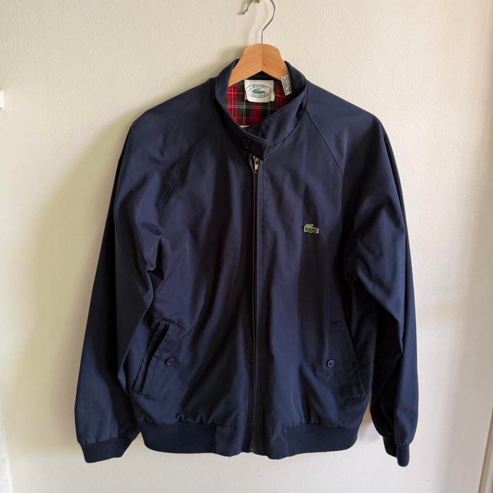 Lacoste Preppy Navy Blue Academia Jacket with Plaid Lining Cotton Blend